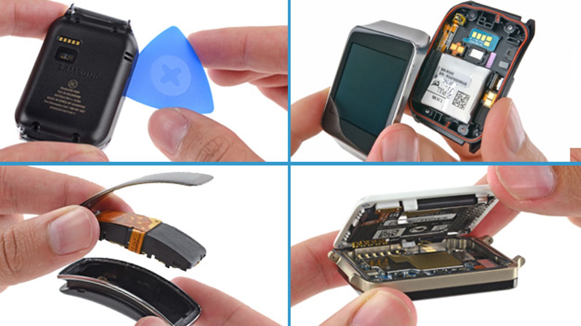 Das Öffnen der vier Smartwatches LG G Watch, Samsung Gear 2, Gear Live und Gear Fit