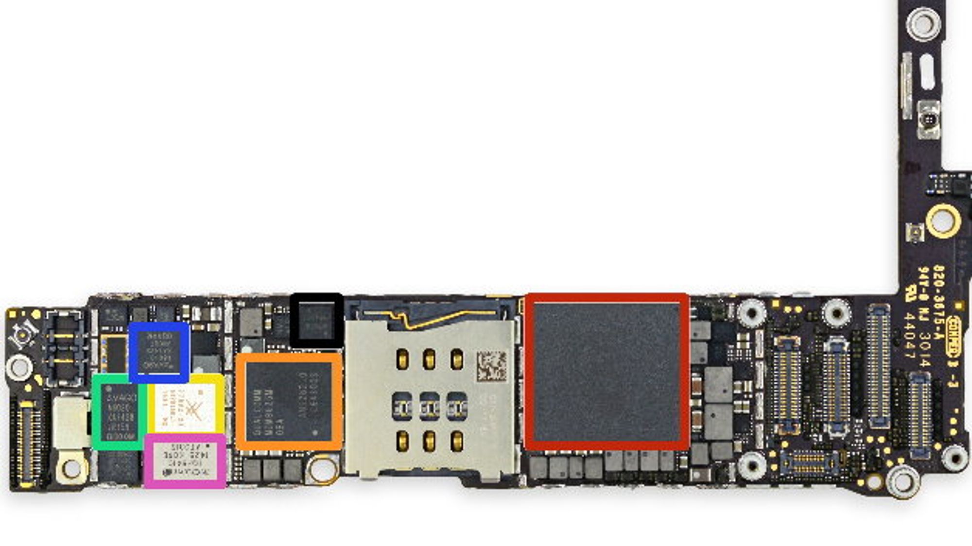 Die Oberseite des Logik-Boards u.a. mit Prozessor A8 (rot) und LTE-Modem (orange).