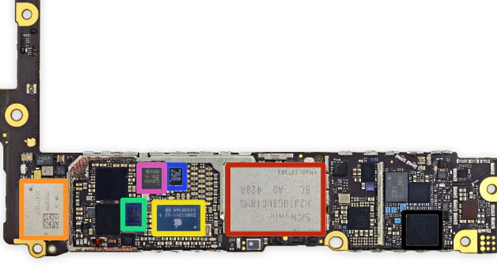 Die Unterseite u.a. mit Flash (rot), WiFi (orange), M8 (blau) und NFC (pink).