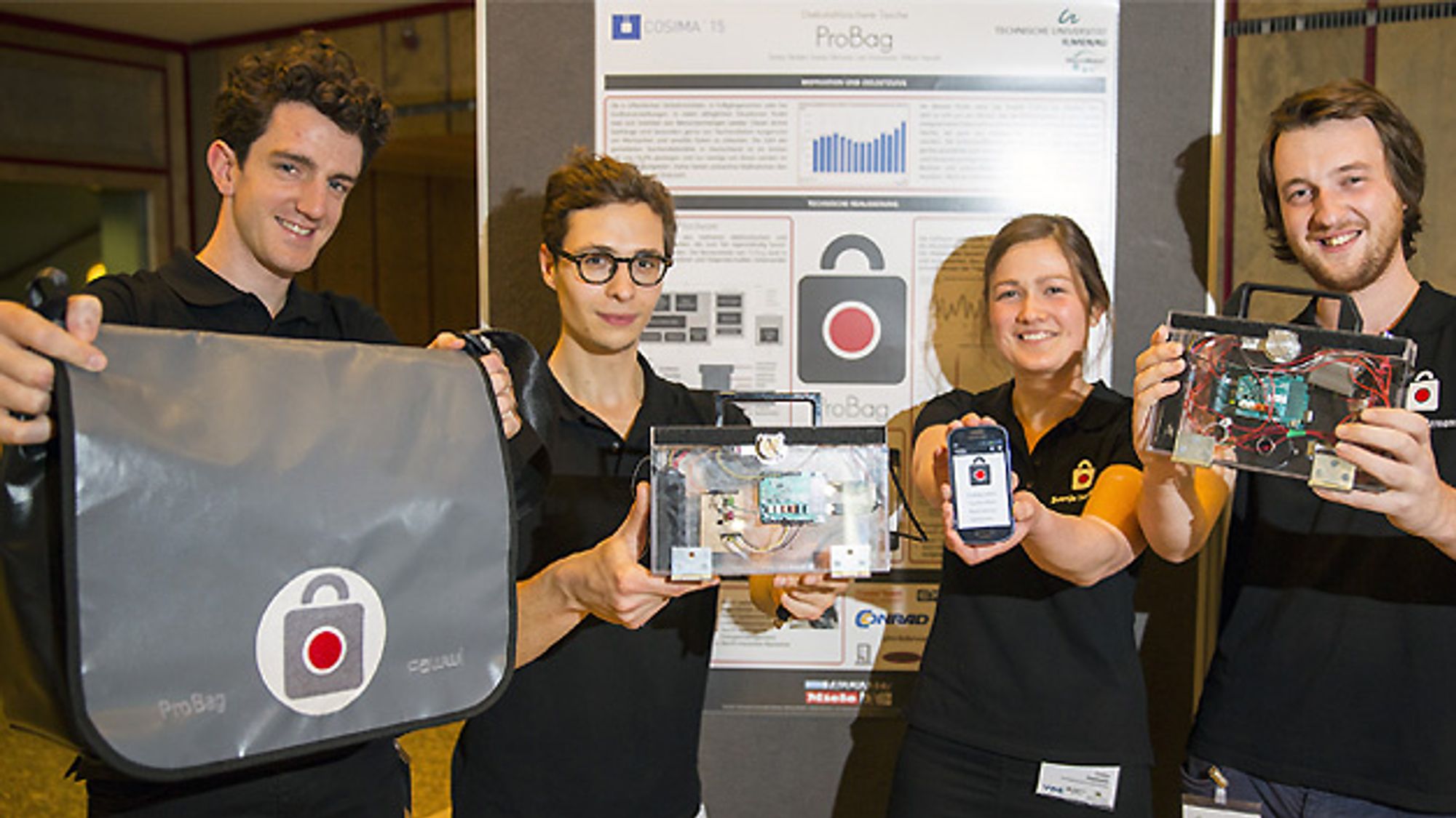 Das Studententeam der TU Ilmenau mit ihrer diebstahlsicheren Tasche ProBag Das Studententeam der TU Ilmenau mit ihrer diebstahlsicheren Tasche ProBag