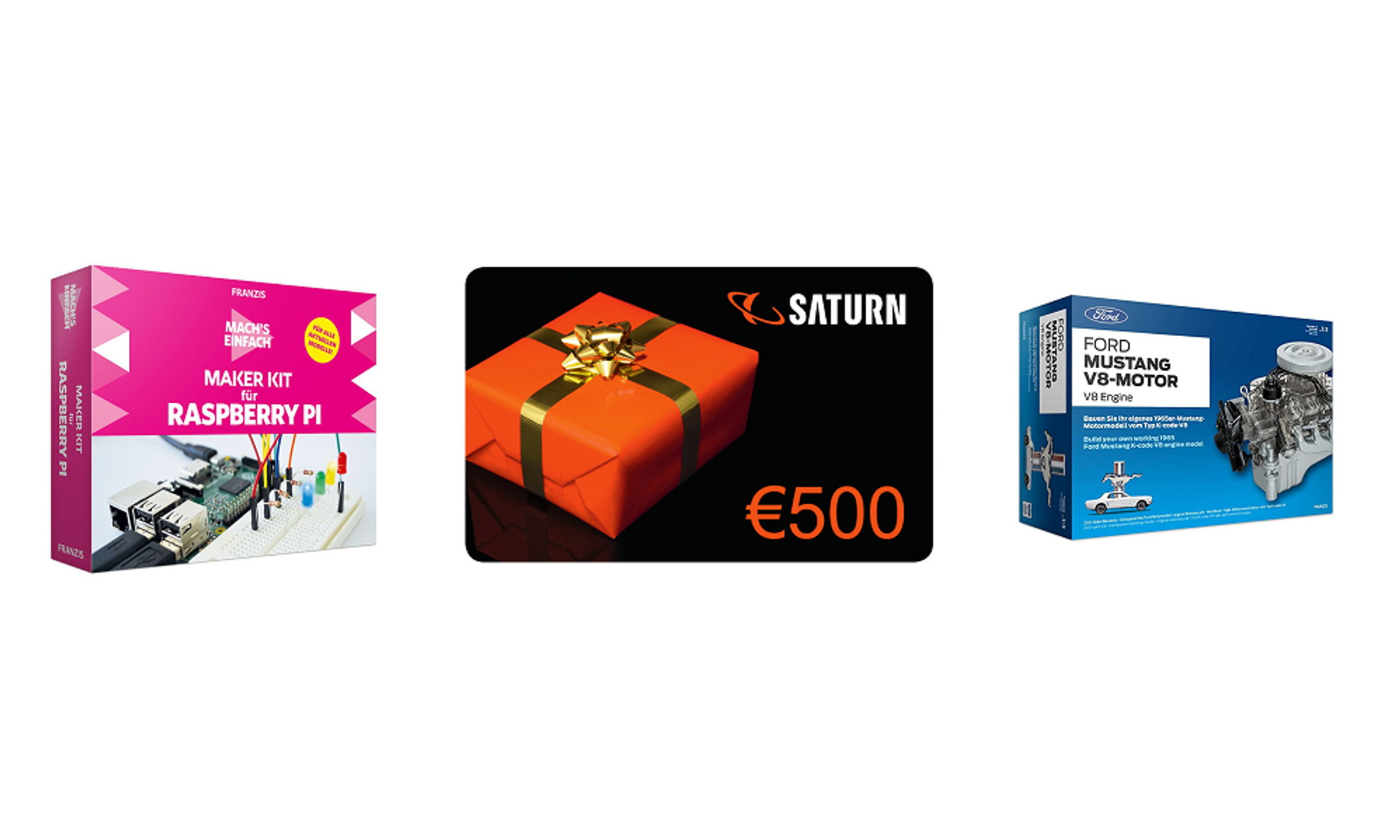 We are giving away a Saturn voucher worth € 500, as well as a Franzis Ford Mustang kit and 5 Maker Kits for Raspberry Pi.
