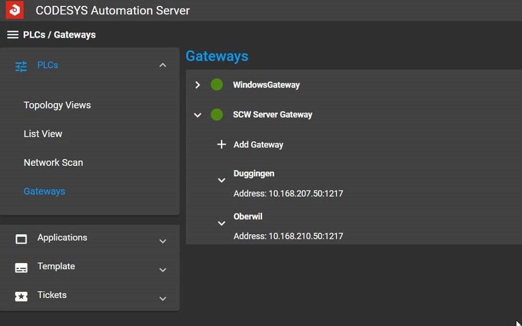 The Automation Server web interface: Registered gateways from different system locations.