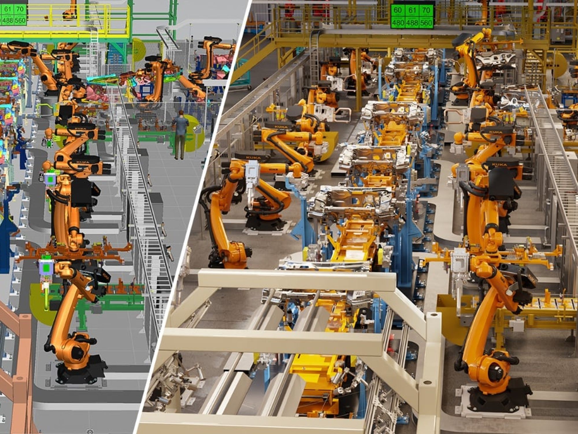 Siemens Process Simulate (left) is connected to Nvidia Omniverse (right) to enable a photorealistic digital twin with full design fidelity in real time.