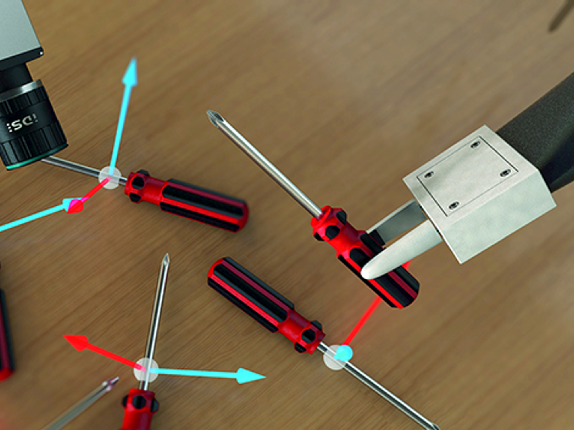 The IDS NXT camera localizes and detects the exact position and orientation of the objects. This enables the robot to pick and place objects independently. The IDS NXT camera localizes and detects the exact position and orientation of the objects. This enables the robot to pick and place objects independently.