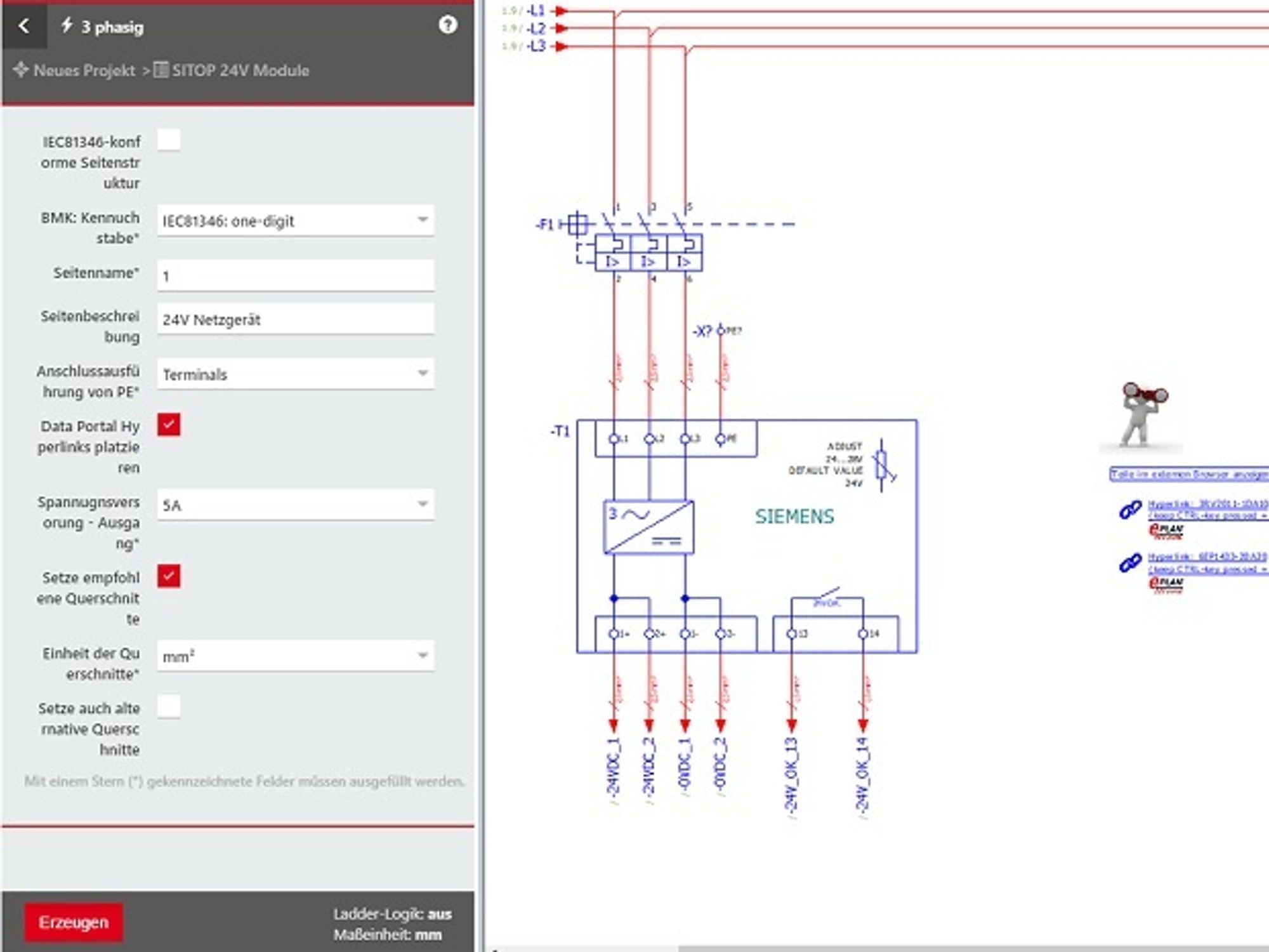 Teilfunktionen wie hier am Beispiel eines 24-V-Netzgerätes lassen sich mit eBuild Free konfigurieren.
