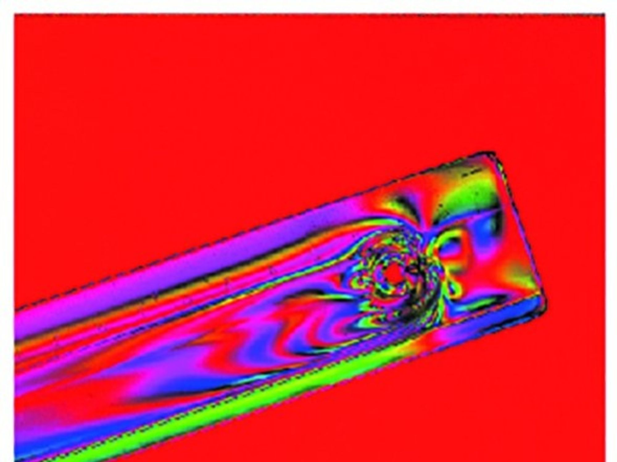 Polarisationsaufnahmen und die Abbildung auf dem HSV-Farbraum erlauben die Visualisierung von Spannungen im Material, hier in der Struktur eines Lineals. Polarisationsaufnahmen und die Abbildung auf dem HSV-Farbraum erlauben die Visualisierung von Spannungen im Material, hier in der Struktur eines Lineals.