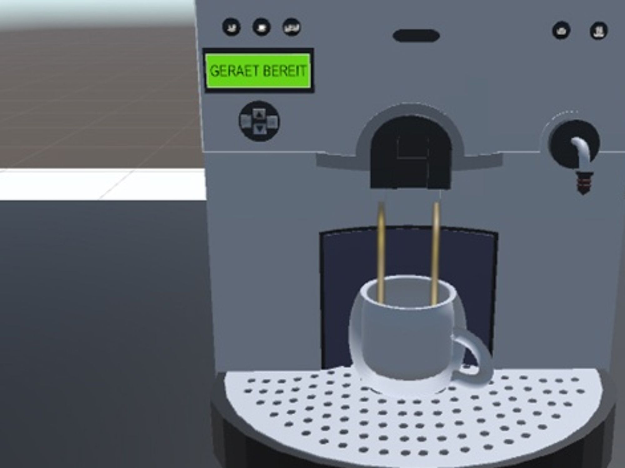 To test the user-friendliness of virtual reality, a scenario was developed using a coffee machine. To test the user-friendliness of virtual reality, a scenario was developed using a coffee machine.
