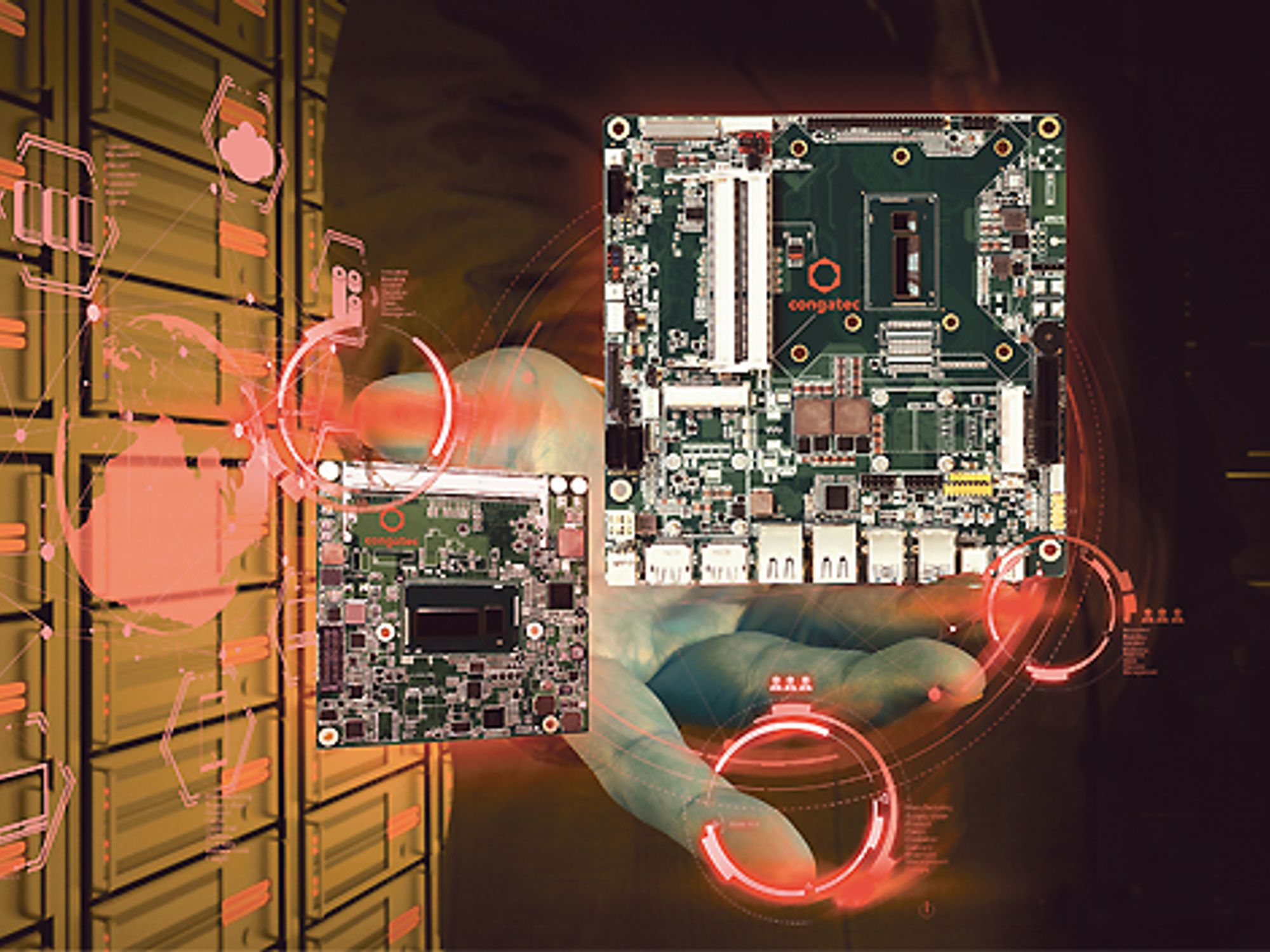 Hand mit Thin-Mini-ITX- und COM-Express-Compact-Embedded-Computer von Congatec Hand mit Thin-Mini-ITX- und COM-Express-Compact-Embedded-Computer von Congatec