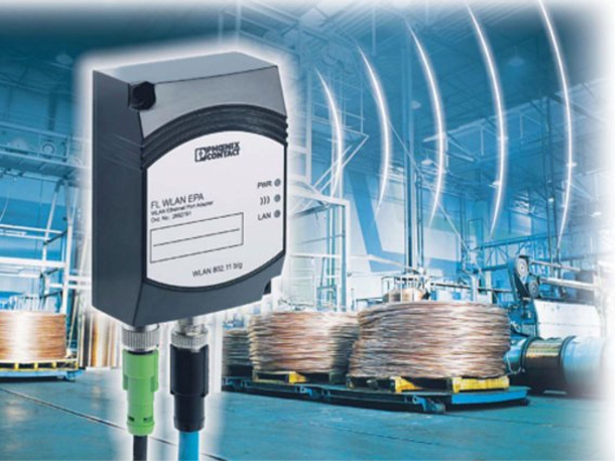 Schmuckbild, WLAN-Ethernet-Port-Adapter in der Fertigungshalle