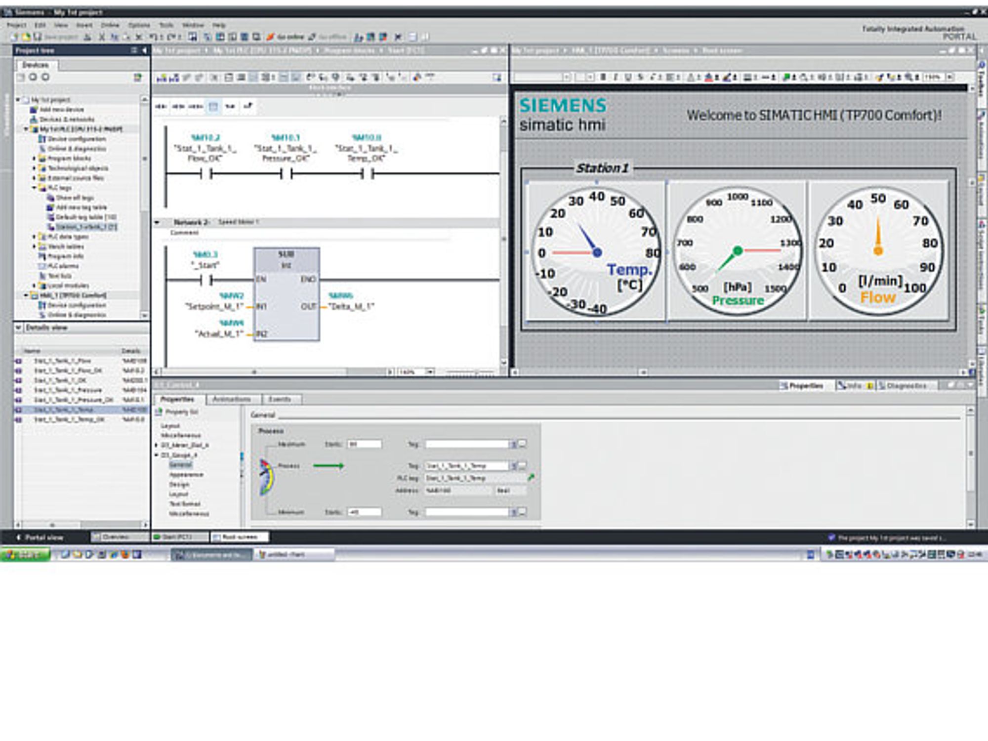 Screenshot, TIA-Portal, Steuerungsprogramm und HMI-Projektierung
