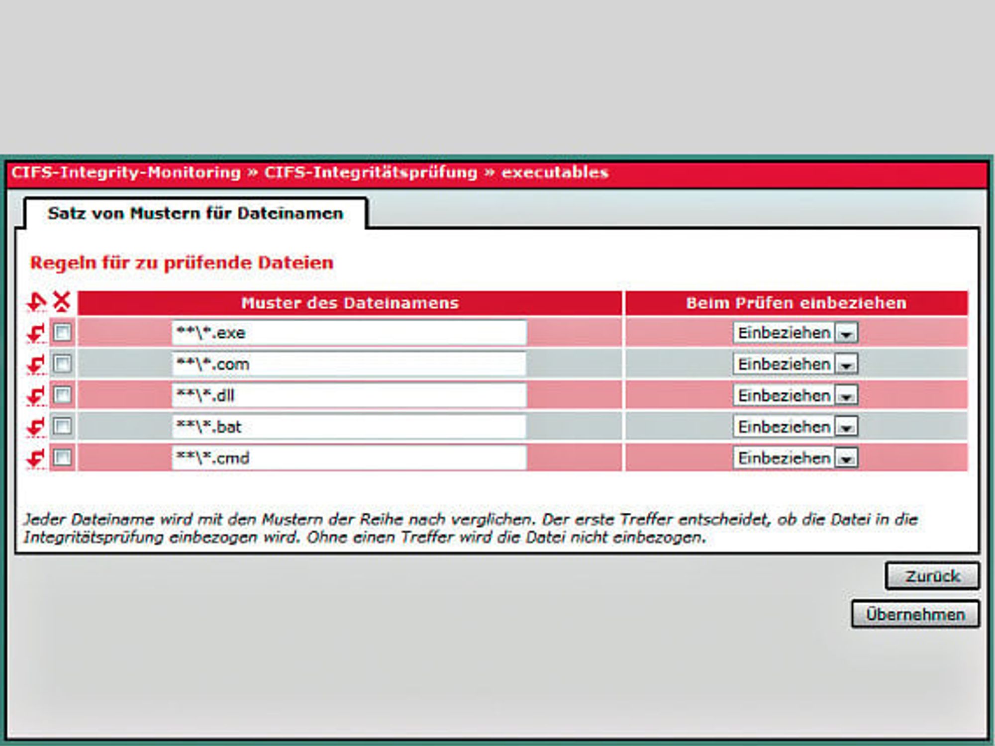 Screenshot Konfiguration mGuard-CIFS-Integrity-Monitoring- Verfahren, Pfade und Dateitypen