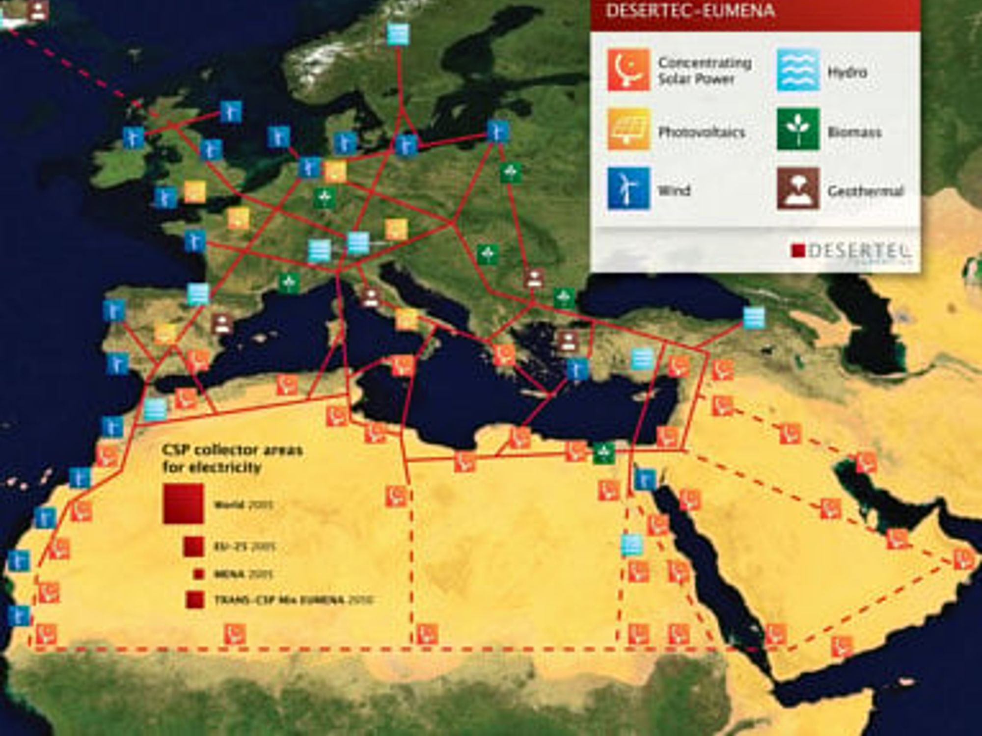 Desertec, Karte mögliche Infrastruktur Desertec, Karte mögliche Infrastruktur