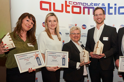The winners of the 'Software & IT' category (from left): Anja Pfirrmann (Paessler), Alisa Koch and Heike Sippel (Balluff), Daniel Kirch and Klaus Albers (Turck). The winners of the 'Software & IT' category (from left): Anja Pfirrmann (Paessler), Alisa Koch and Heike Sippel (Balluff), Daniel Kirch and Klaus Albers (Turck).