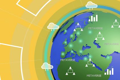 A stylized 3D rendered illustration of planet earth with cloud computing and big data icons A stylized 3D rendered illustration of planet earth with cloud computing and big data icons