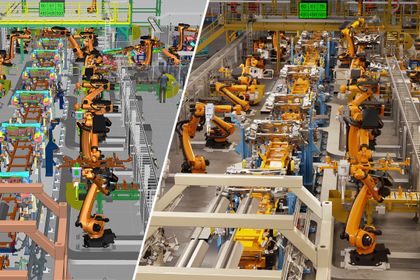 Siemens Process Simulate (links) ist mit Nvidia Omniverse (rechts) verbunden, um einen fotorealistischen, digitalen Zwilling mit voller Designtreue in Echtzeit zu ermöglichen. Siemens Process Simulate (links) ist mit Nvidia Omniverse (rechts) verbunden, um einen fotorealistischen, digitalen Zwilling mit voller Designtreue in Echtzeit zu ermöglichen.