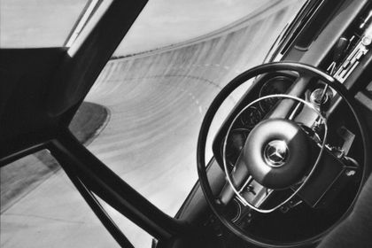 The electronically controlled vehicle in the steep curve of the Contidrom.  Photo from 1968