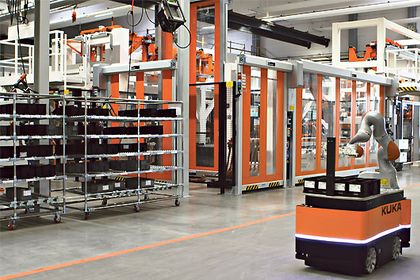 Mobile robotics platform drives through factory hall