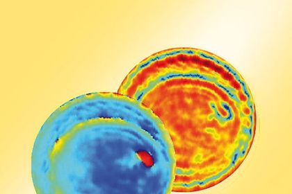 Die Auswertung der Phaseninformation erlaubt die Detektion von Verunreinigungen in Keksen, selbst bei geringen Kontrastunterschieden. Der Splitter wird im Phasenbild (links) sichtbar (rot). (Die Verunreinigung wurde vom Fraunhofer FHR zu Versuchszwec Die Auswertung der Phaseninformation erlaubt die Detektion von Verunreinigungen in Keksen, selbst bei geringen Kontrastunterschieden. Der Splitter wird im Phasenbild (links) sichtbar (rot). (Die Verunreinigung wurde vom Fraunhofer FHR zu Versuchszwec