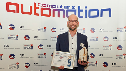 Christopher Kleinert from Beckhoff accepted the trophy for 1st place in the Drive Technology category. Christopher Kleinert from Beckhoff accepted the trophy for 1st place in the Drive Technology category.