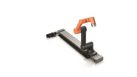 Cobot with linear axis for range extension. The compact, ready-to-install linear axis consists of the MDKUVE tandem module, a matching motor/gear unit, prefabricated motor cables, a drag chain for all supply lines and an integrated cable carrier. Cobot with linear axis for range extension. The compact, ready-to-install linear axis consists of the MDKUVE tandem module, a matching motor/gear unit, prefabricated motor cables, a drag chain for all supply lines and an integrated cable carrier.