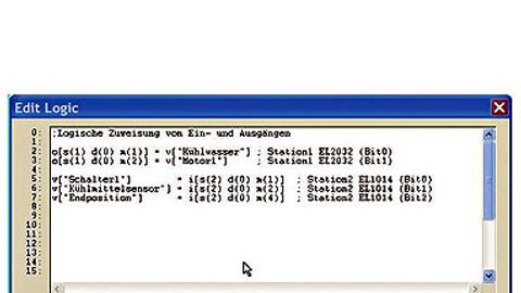 Ein Beispiel für die logische Parametrierung im Anwendungsprogramm X-GO: Um die Verknüpfung übersichtlich zu gestalten, werden die Ein- oder Ausgänge eines Gerätes ”“ hier je ein Ethercat-Eingangs- und -Ausgangsmodul von Beckhoff ”“ in der Regel abst Ein Beispiel für die logische Parametrierung im Anwendungsprogramm X-GO: Um die Verknüpfung übersichtlich zu gestalten, werden die Ein- oder Ausgänge eines Gerätes ”“ hier je ein Ethercat-Eingangs- und -Ausgangsmodul von Beckhoff ”“ in der Regel abst