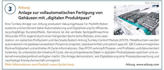 3: ARBURG | Anlage zur vollautomatischen Fertigung von Gehäusen mit „digitalem Produktpass“ 3: ARBURG | Anlage zur vollautomatischen Fertigung von Gehäusen mit „digitalem Produktpass“