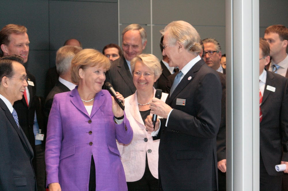 German Chancellor Angela Merkel visits the SEW-Eurodrive stand at the Hanover Fair 2009
