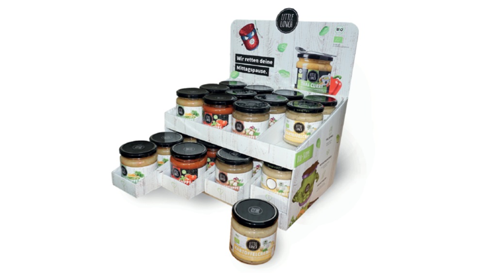 "Office Deal" Innovative drawer counter display for soups in a jar