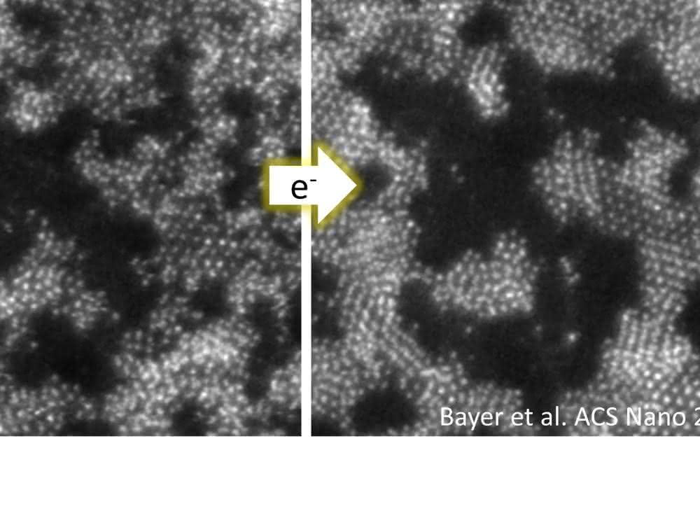 Der Trick mit dem Elektronenstrahl: Zweidimensionalen Materialien beim Wachsen zusehen Zunächst ordnen sich die Atome eher zufällig auf der Graphen-Oberfläche an (links), nach Behandlung mit dem Elektronenstrahl werden sie zum Kristall.