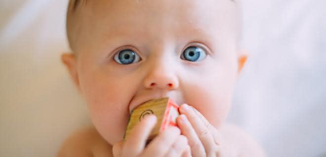 Baby lutscht an Spielzeug