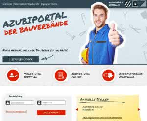 Wer zum Bau will und nur noch eine gute Stelle für seinen Berufsstart sucht, für den ist www.azubi-bau.de die richtige Adresse! (Screenshot: Baugewerbe/www.azubi-am-bau.de)