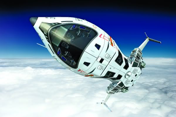 spaceship above the clouds going to space