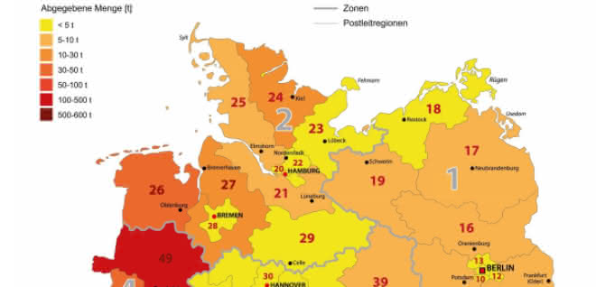 Landkarte Deutschland mit regionaler Zuordnung der Antibiotika-Abgabemengen 2017