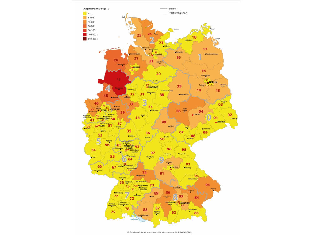 Landkarte Deutschland mit regionaler Zuordnung der Antibiotika-Abgabemengen 2017