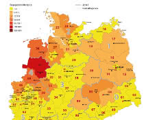 Regionale Zuordnung der Antibiotika-Abgabemengen 2017 (Quelle: BVL) Landkarte Deutschland mit regionaler Zuordnung der Antibiotika-Abgabemengen 2017