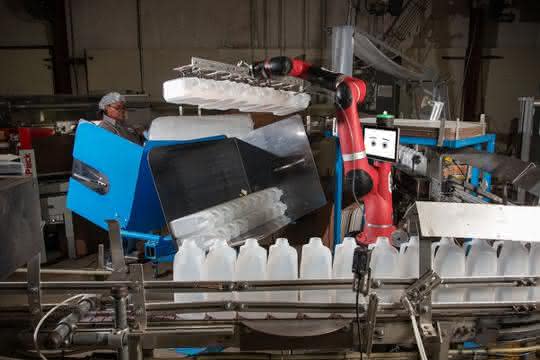 Der kollaborative Roboter Sawyer unterstützt die Mitarbeiter bei Cox bei der Verpackung der Flaschen.