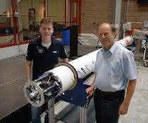 DARE team member Casper van Lierop and Faulhaber expert Arjan Bos with the almost finished Stratos III rocket. DARE team member Casper van Lierop (left) and Faulhaber expert Arjan Bos