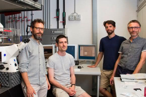 Mario Brameshuber, Benedikt Rossboth, Florian Baumgart und Gerhard Schütz im Labor mit Mikroskop