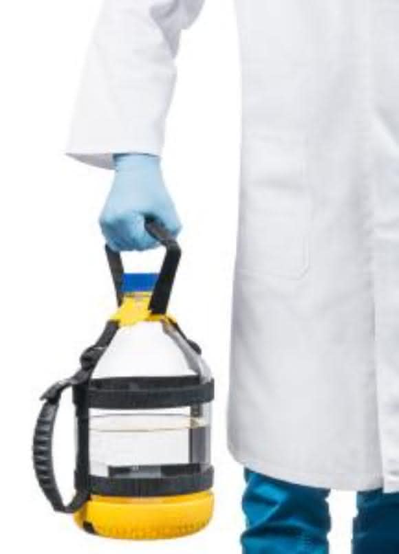 Mit dem Tragesystem von DWK Life Sciences lassen sich großvolumige Laborglasflaschen sicher transportieren. (Bild: DWK Life Sciences)