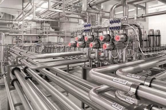 Valve manifold in the lager cellar of a brewery