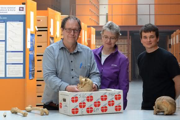 Jesper Boldsen von der Universität Süddänemark erläutert Almut Nebel und Ben Krause-Kyora von der Universität Kiel die Knochenveränderungen