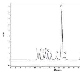 Chromatogramm einer Standardmischung von Substanzen