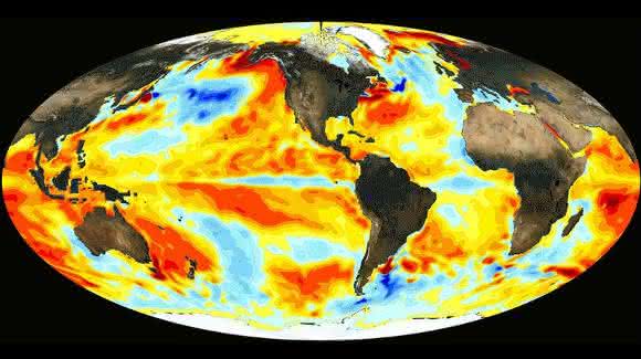 El Niño-Effekt auf die weltweite Wassertemperatur: Im Dezember 2015 waren die Temperaturen im östlichen und zentralen Pazifik deutlich erhöht. (Bild: NASA) El Niño-Effekt auf die weltweite Wassertemperatur: Im Dezember 2015 waren die Temperaturen im östlichen und zentralen Pazifik deutlich erhöht. (Bild: NASA)