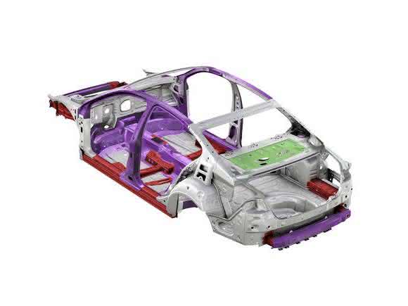 Karosseriestruktur der 8. Passat-Generation: Aluminium (grün) ergänzt erstmals das Konstrukt aus Stahl (grau), höchstfestem (rot) sowie warmumgeformten Stahl (lila). (Bild: Volkswagen) Karosseriestruktur der 8. Passat-Generation: Aluminium (grün) ergänzt erstmals das Konstrukt aus Stahl (grau), höchstfestem (rot) sowie warmumgeformten Stahl (lila). (Bild: Volkswagen)