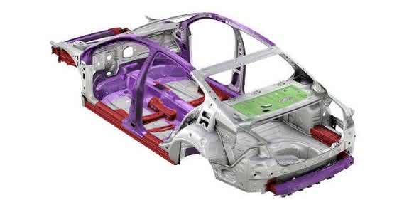 Karosseriestruktur der 8. Passat-Generation: Aluminium (grün) ergänzt erstmals das Konstrukt aus Stahl (grau), höchstfestem (rot) sowie warmumgeformten Stahl (lila). (Bild: Volkswagen) Karosseriestruktur der 8. Passat-Generation: Aluminium (grün) ergänzt erstmals das Konstrukt aus Stahl (grau), höchstfestem (rot) sowie warmumgeformten Stahl (lila). (Bild: Volkswagen)