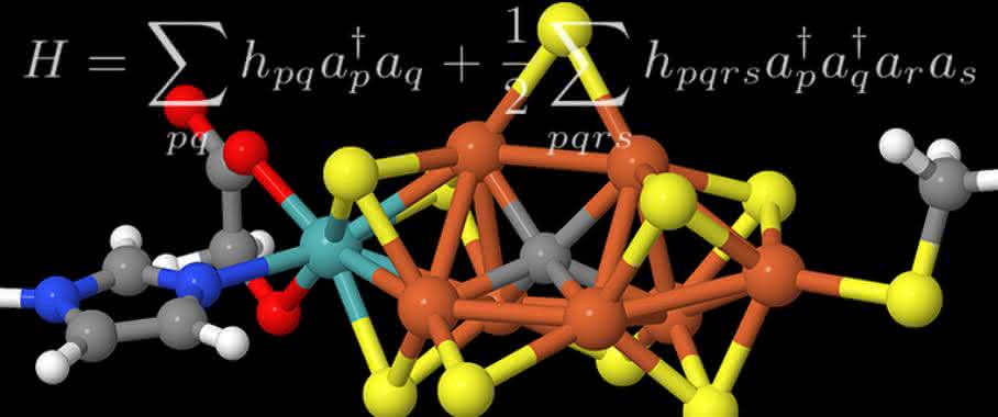 Modell des aktiven Zentrums des Enzyms und eine für die Berechnung zentrale mathematische Formel (Bild: ETH Zürich) Modell des aktiven Zentrums des Enzyms und eine für die Berechnung zentrale mathematische Formel.