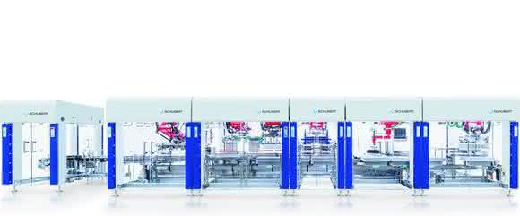 Die Anlage zum platzsparenden Verpacken von Portionspackungen besteht aus sieben Teilmaschinen.