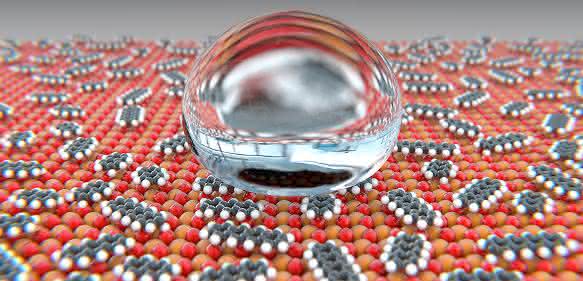 Die Oxide der seltenen Erden (rot/orange) reagieren mit Kohlenwasserstoffen aus der Luft zu Carbonaten und Hydroxiden (grau/weiss). Die Oberfläche wird dadurch wasserabweisend. (Bild: Universität Basel, Departement Physik)