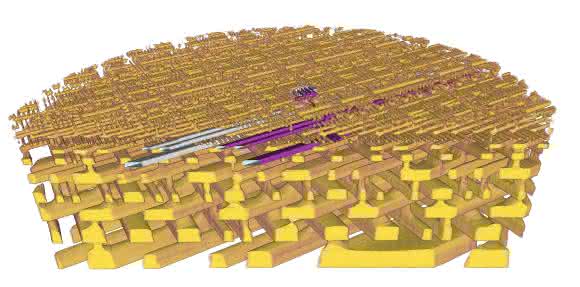 3D-Darstellung der inneren Struktur eines Mikrochips (Prozessor der Firma Intel).