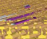 3D-Darstellung der inneren Struktur eines Mikrochips (Prozessor der Firma Intel). 3D-Darstellung der inneren Struktur eines Mikrochips (Prozessor der Firma Intel).
